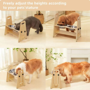 Wooden Elevated Dog Food Bowl with 2 Stainless Steel Bowls Adjustable Pet Feeding Station for Dogs and Cats