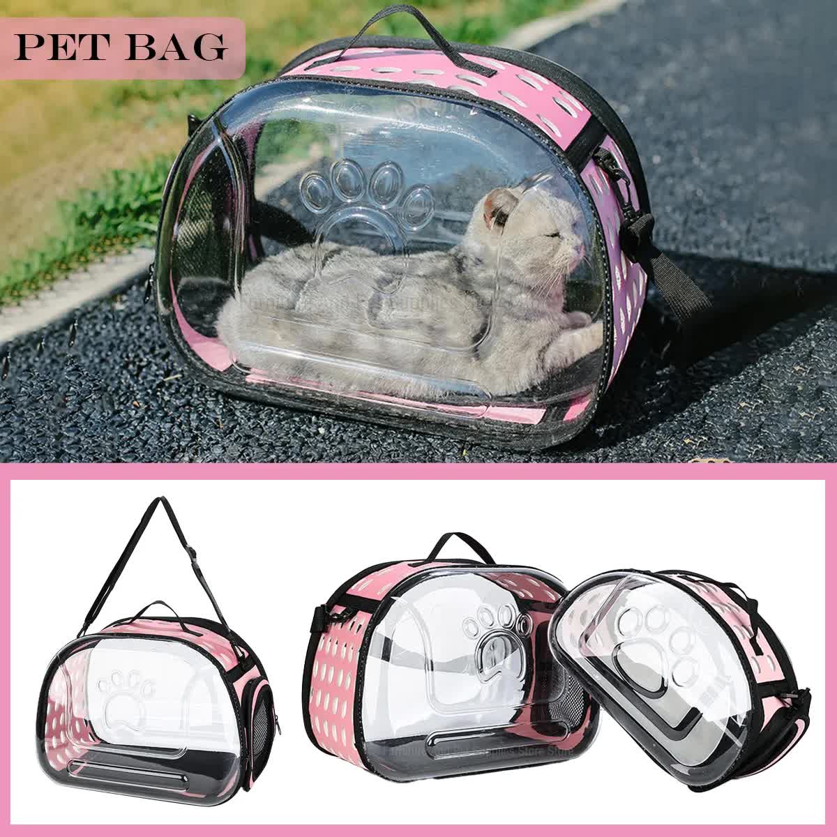 Black Foldable Breathable Pet Carrier with Panoramic Window & Strap - EVA & Lychee Leather Crossbody Travel Bag (L 42 x 33 x 28.5CM)