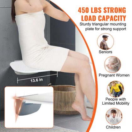 VEVOR Urea-formaldehyde Folding Shower Seat, 13.6” x 12.8” Unfolded, Wall Mounted Fold Up Shower Bench with 450 lbs Load Capacity, Space Saving Fold Down Shower Chair for Seniors Children Adults